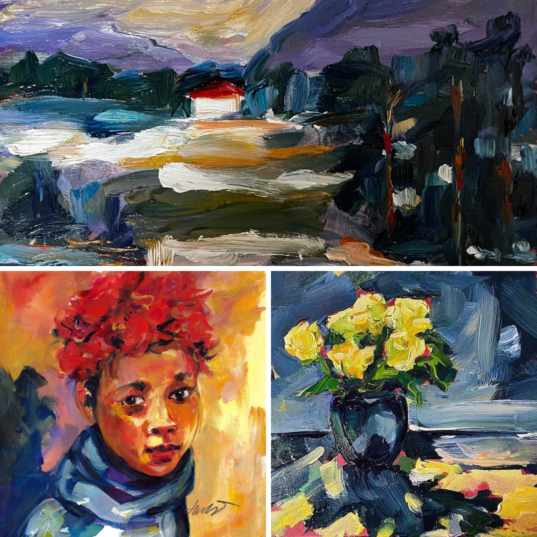 A series of paintings with different colors and shapes.