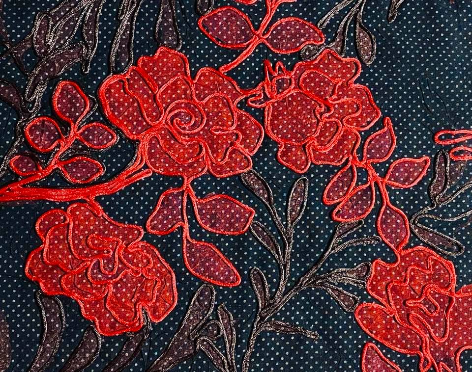 A close up of red flowers on a black background